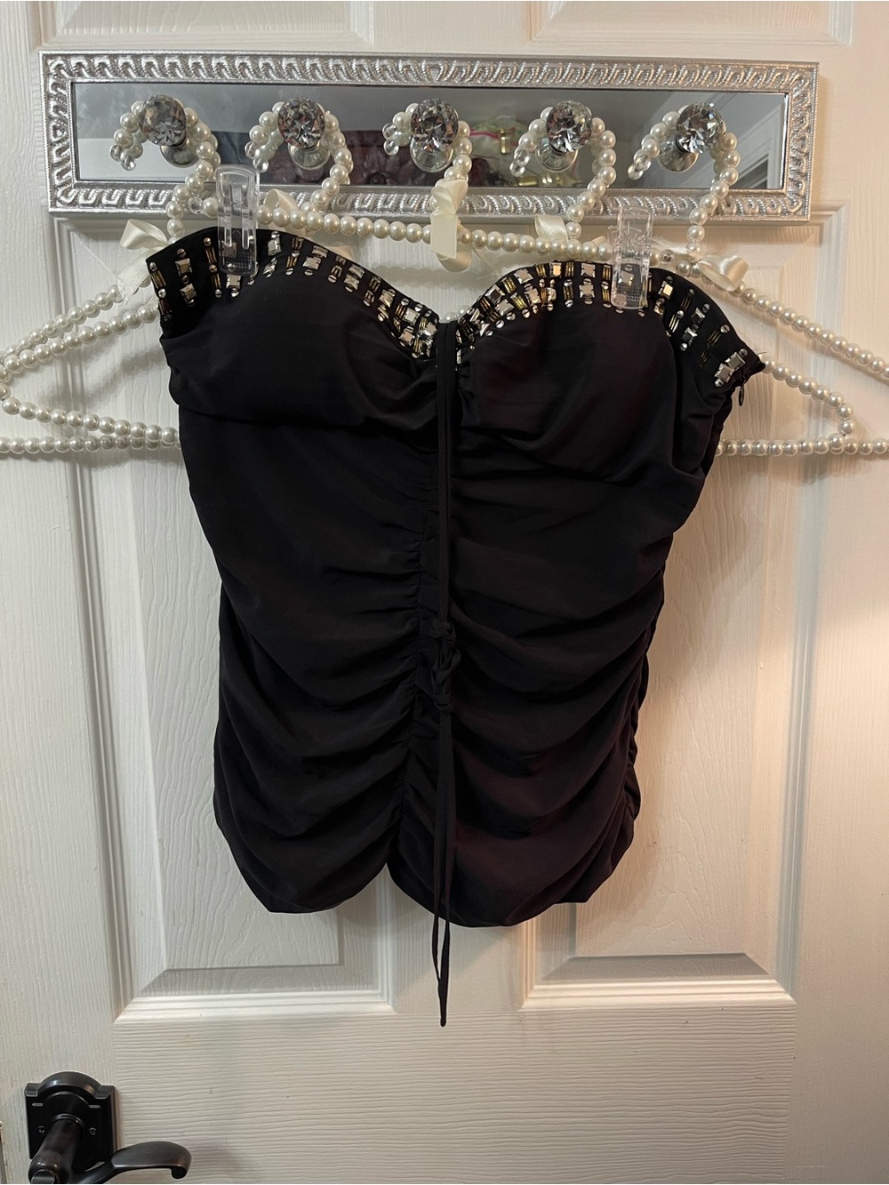 bebe Black Strapless Ruched Camisole with Studded Sweetheart Trim